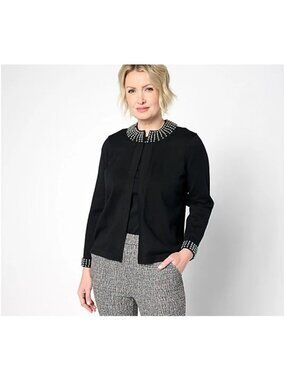 Isaac Mizrahi Live Knit Jacket Small with Faux Pearl Detail Pitch Black Cocktail